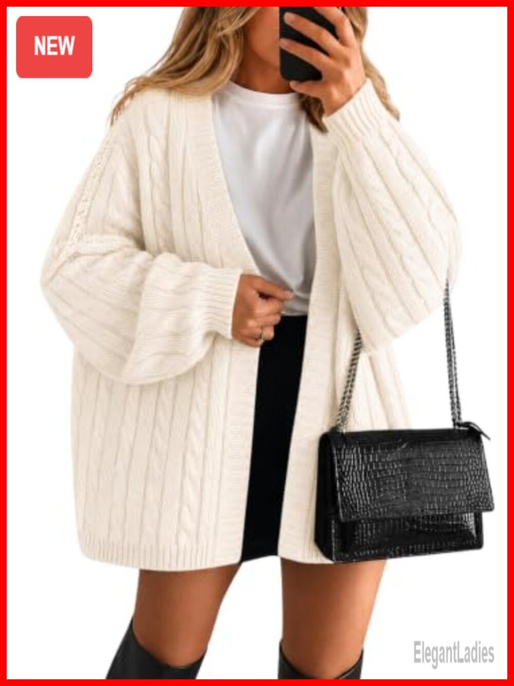 Oversized Cable Knit Cardigan Sweater with Balloon Sleeves Open Front